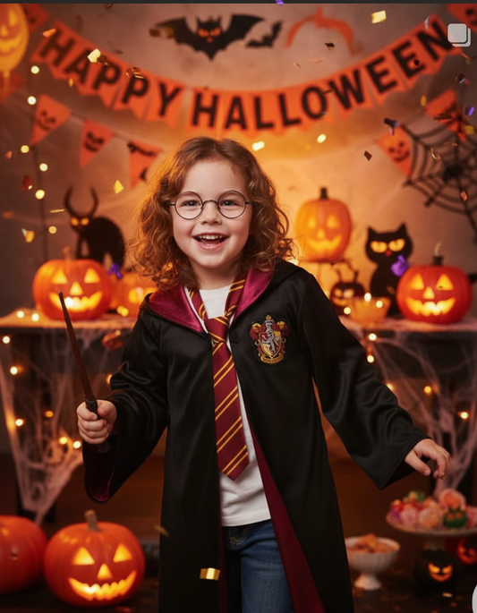 Harry Potter Wizard Robe Costume with Accessories – Hogwarts Cloak Set for Kids & Adults (Age 3 to Adult)